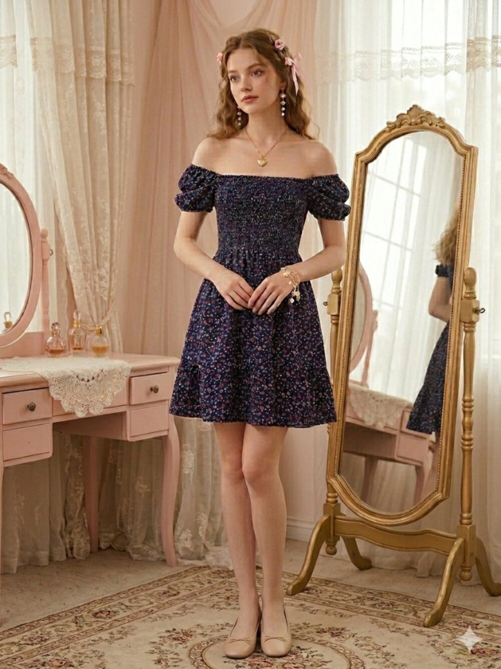 Ruched Floral Mini Dress Navy Pink Size Small Coquette Cottagecore